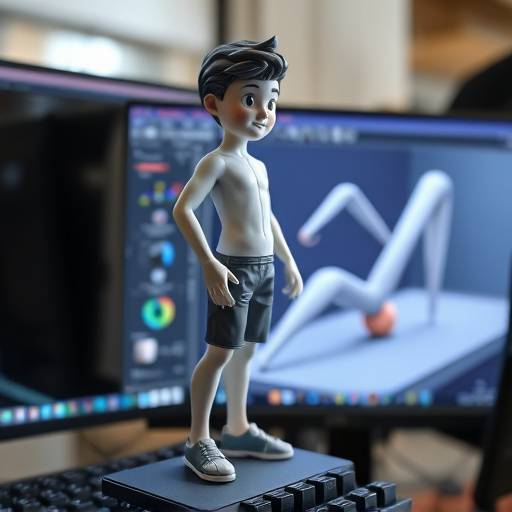 Computer screen displaying animation software with a 3D character model.
